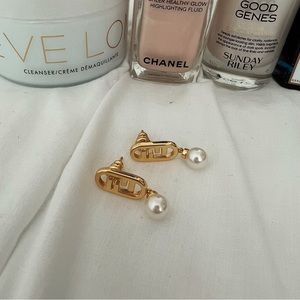 Fendi Gold Pearl Drop Earrings